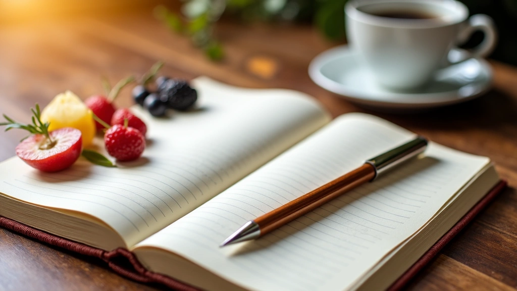 Open notebook with healthy snacks and a pen, bathed in natural light, symbolizing learning and healthy living.