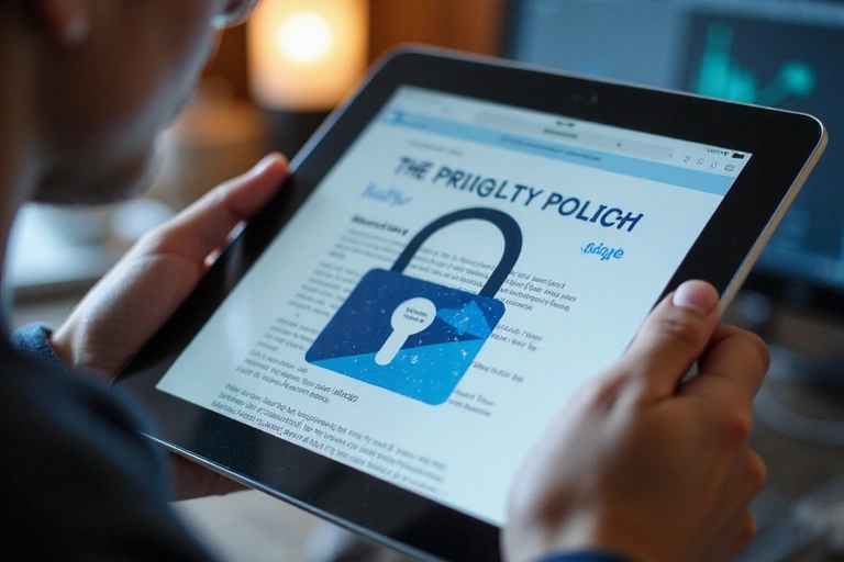 A person reviewing a privacy policy document on a tablet, with a stylized padlock icon floating nearby, indicating secure data handling.
